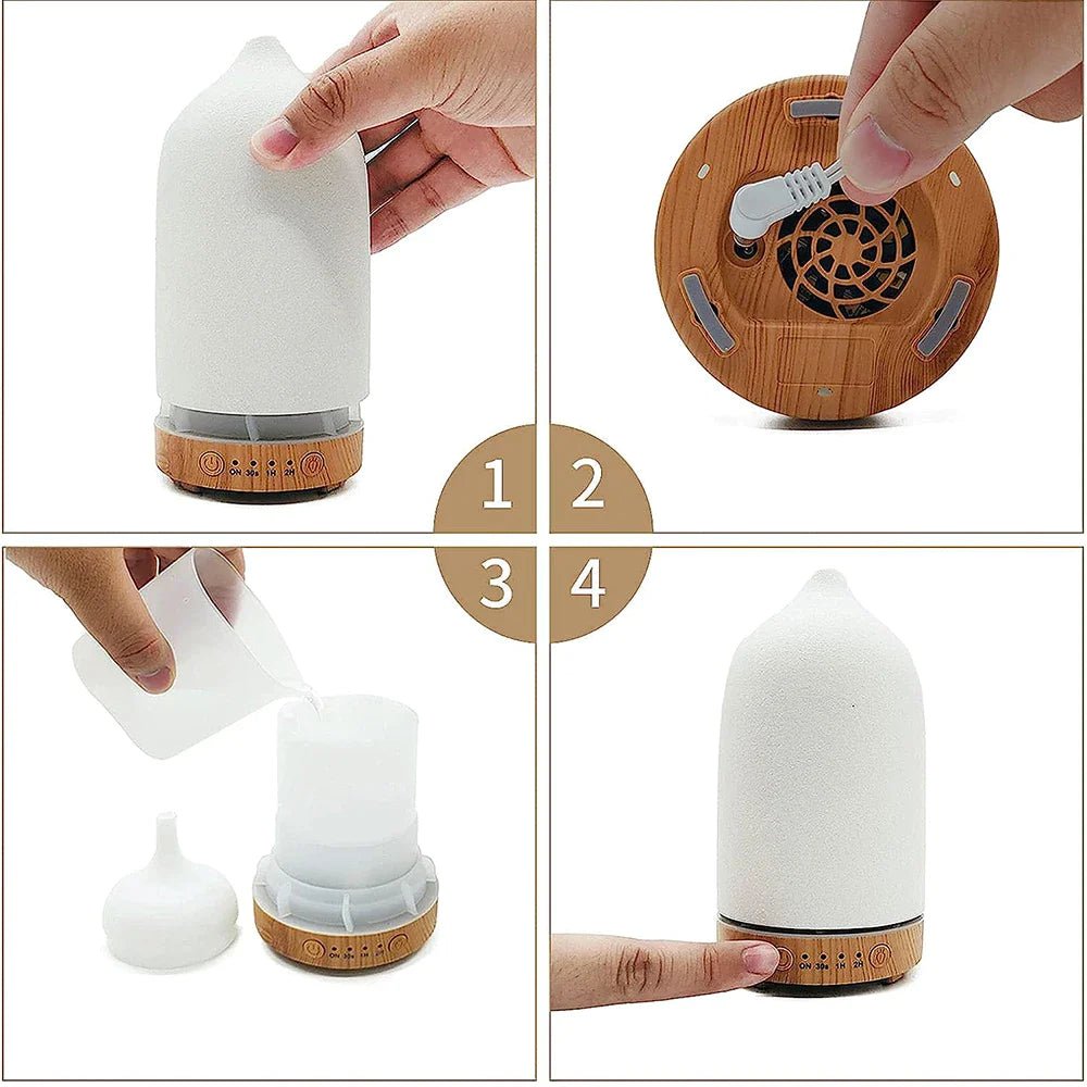 Ceramic Wood Grain Aromatherapy Diffuser with 7-Color Night Light