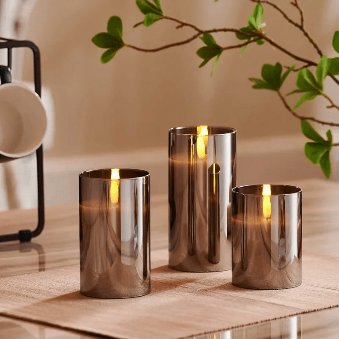 Flameless Glass Candle Set with Remote Control - Three-Piece LED Pillar Candles