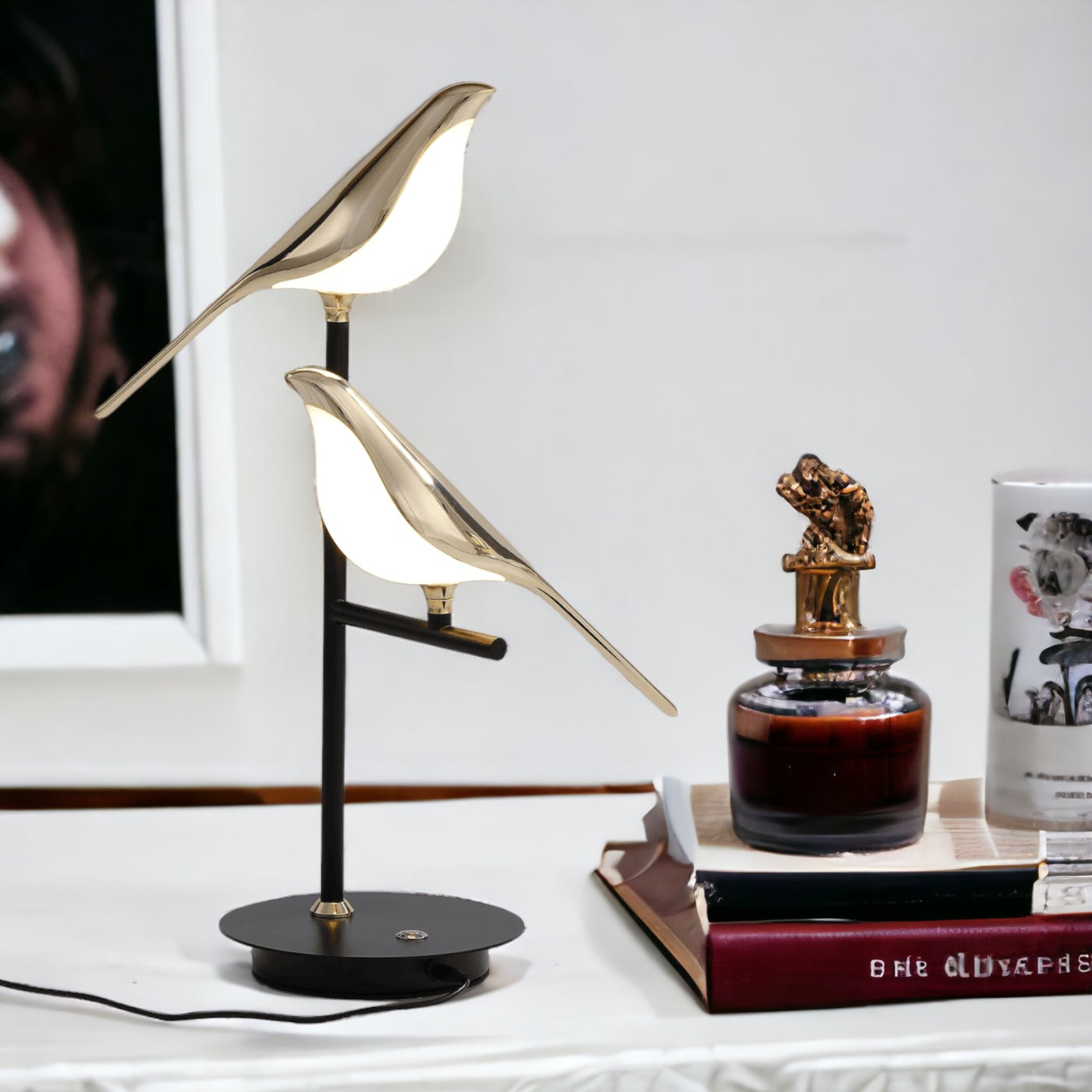 LED Desk Lamp with Postmodern Galvanized Golden Bird Design