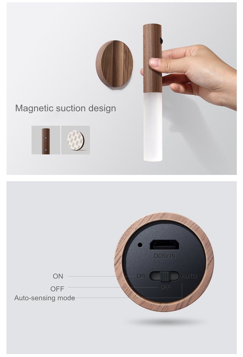 Motion Sensor LED Rechargeable Night Light with Wooden Design