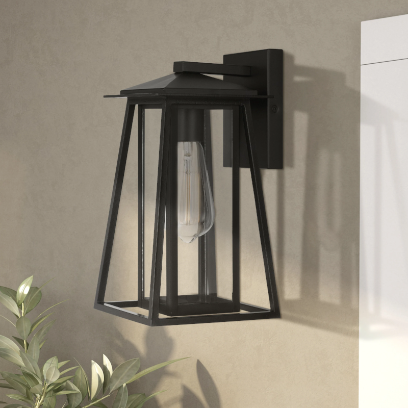 Outdoor Wall Lantern Sconce with Glass Panels - Black Steel IP44 Waterproof