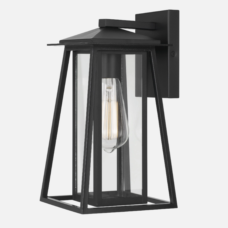 Outdoor Wall Lantern Sconce with Glass Panels - Black Steel IP44 Waterproof
