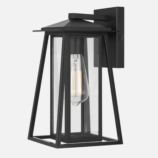 Outdoor Wall Lantern Sconce with Glass Panels - Black Steel IP44 Waterproof