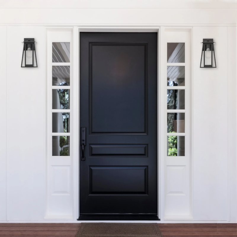 Outdoor Wall Lantern Sconce with Glass Panels - Black Steel IP44 Waterproof