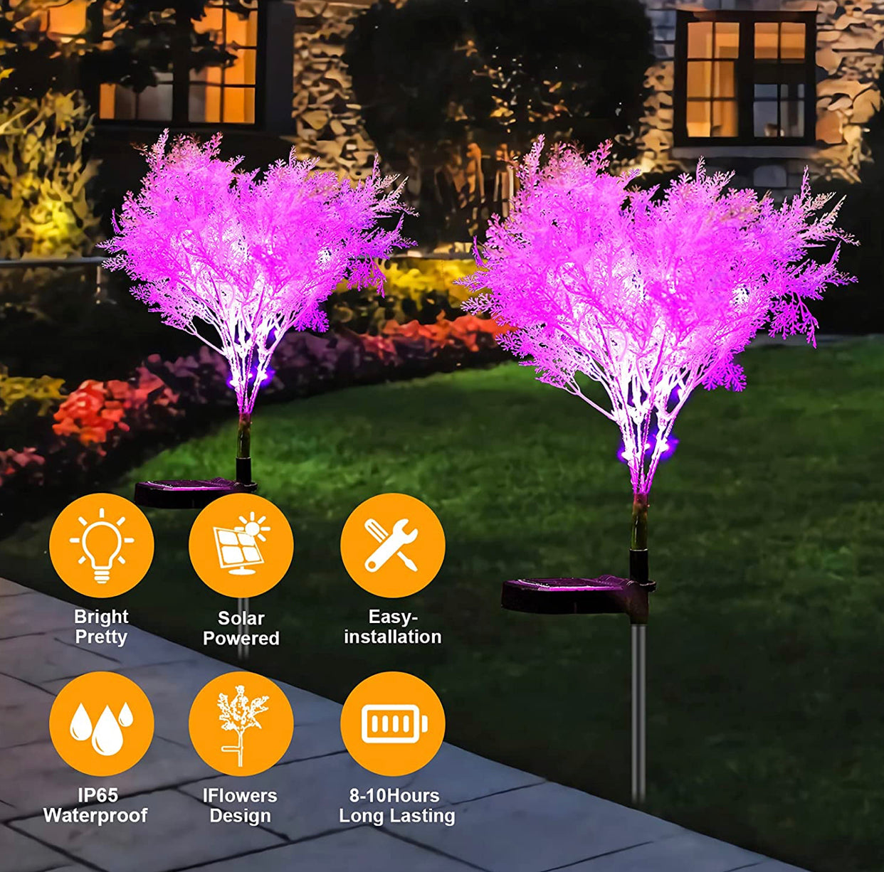 Pink Solar Flowers Dusk to Dawn Lights, 2-Pack Garden Decor IP65