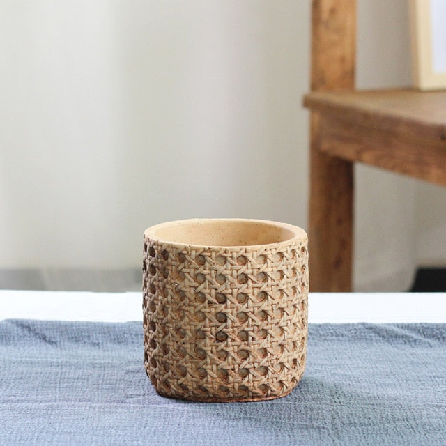 Rattan Cement Planter with Natural Texture