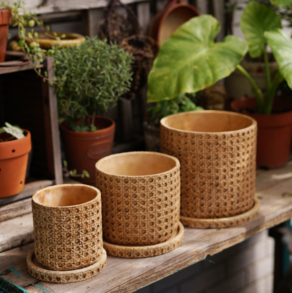 Rattan Cement Planter with Natural Texture