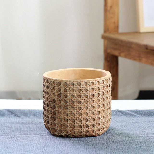 Rattan Cement Planter with Natural Texture