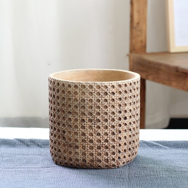 Rattan Cement Planter with Natural Texture