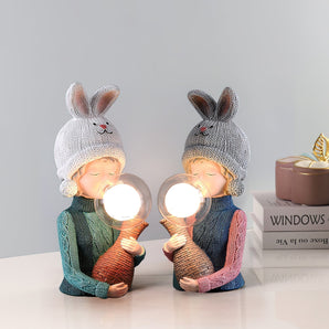 Resin Table Lamp Elegance Rabbit Girl with Dual Glass Lampshade