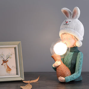 Resin Table Lamp Elegance Rabbit Girl with Dual Glass Lampshade