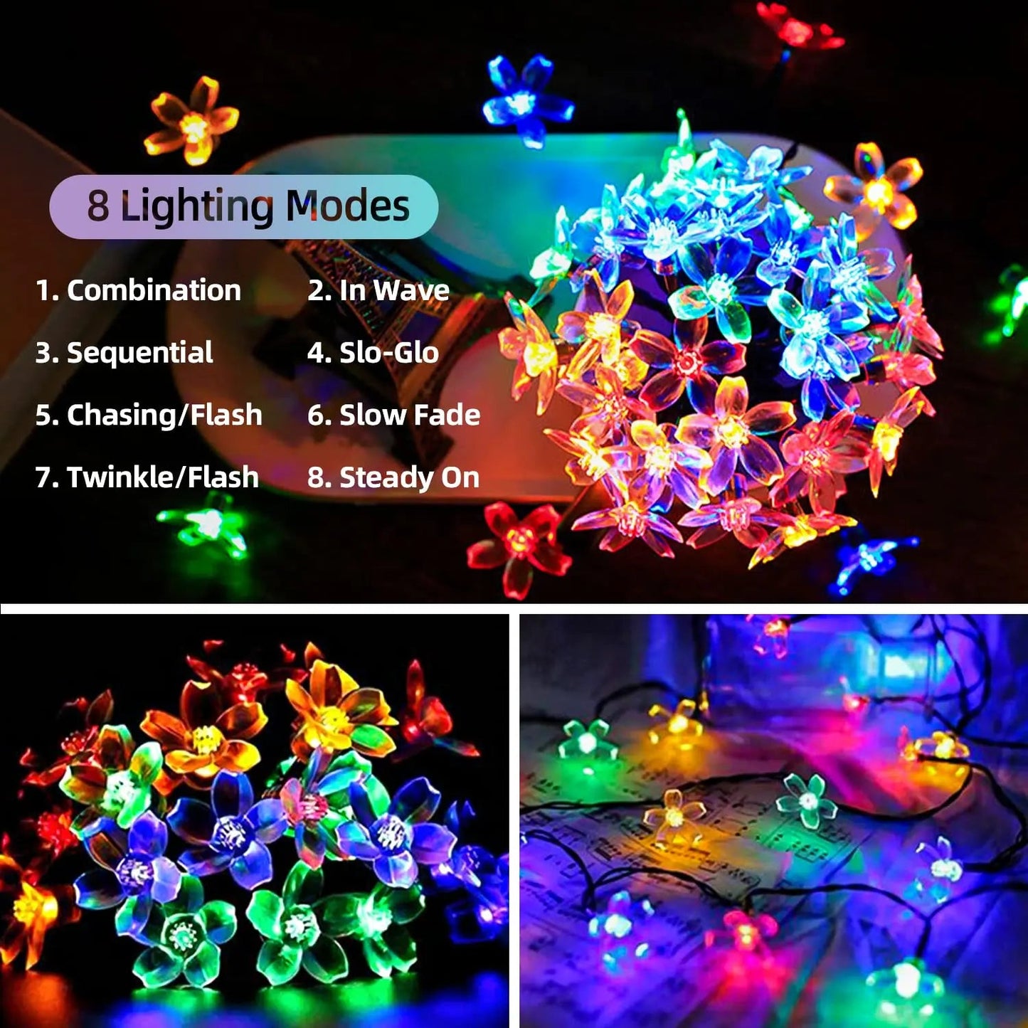 Solar Flower String Lights - Crystal Peach Blossom, IP65 Waterproof Outdoor LED in RGB/Warm White/Cold White