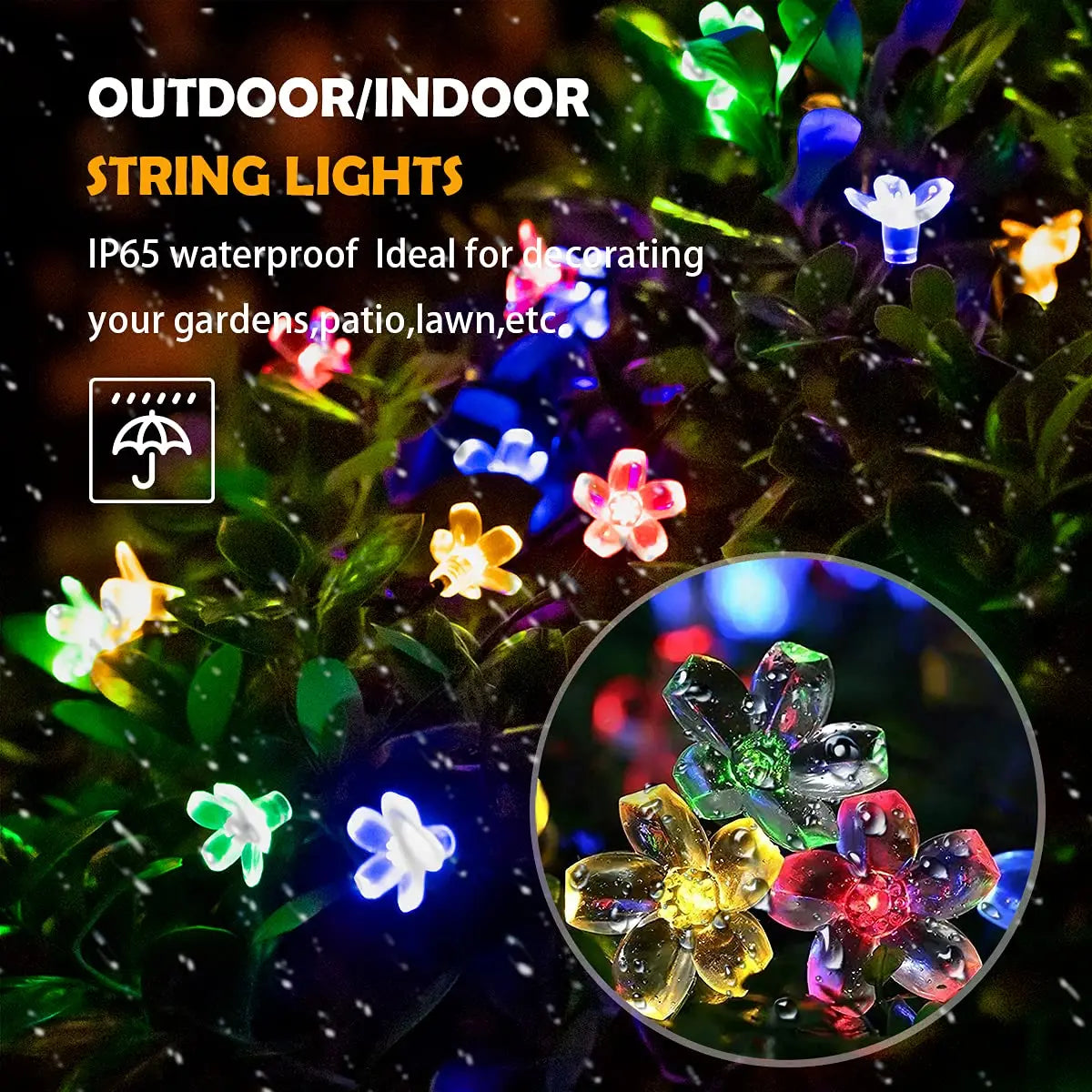 Solar Flower String Lights - Crystal Peach Blossom, IP65 Waterproof Outdoor LED in RGB/Warm White/Cold White