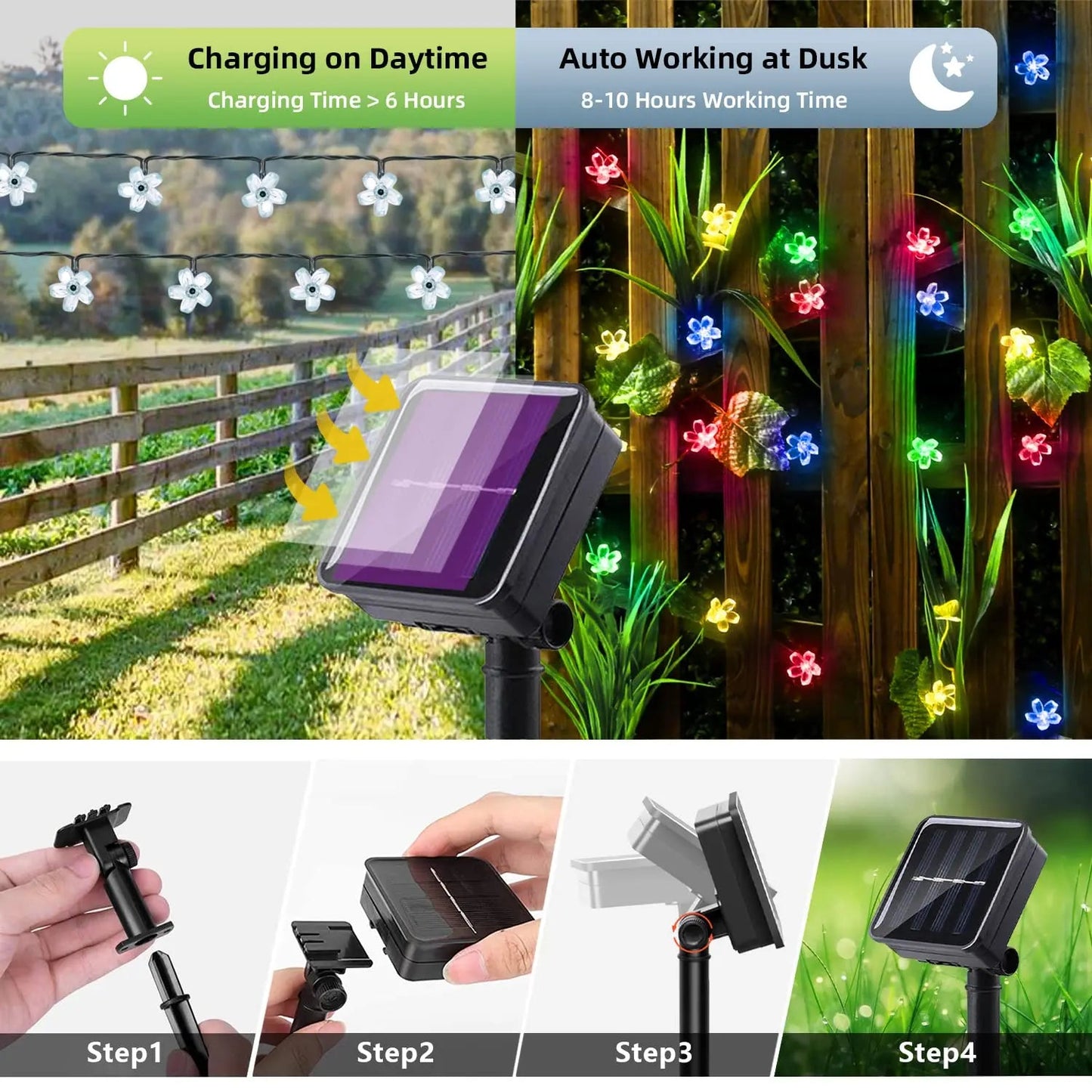 Solar Flower String Lights - Crystal Peach Blossom, IP65 Waterproof Outdoor LED in RGB/Warm White/Cold White