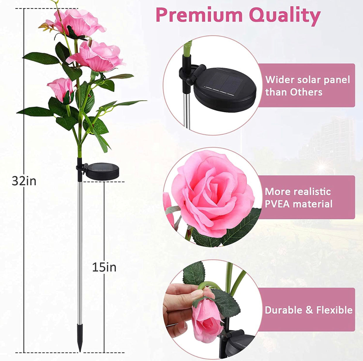 Solar LED Rose Lights Twin Pack - White Nightlight Garden Decor