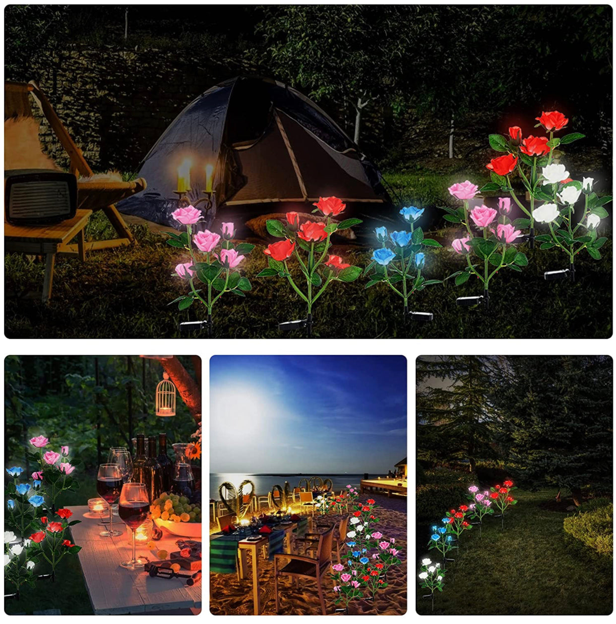 Solar LED Rose Lights Twin Pack - White Nightlight Garden Decor