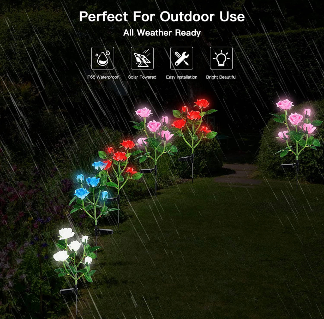 Solar LED Rose Lights Twin Pack - White Nightlight Garden Decor