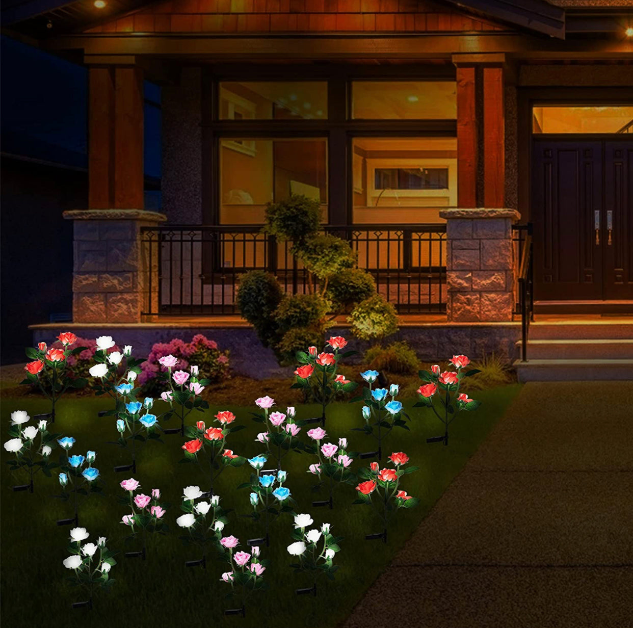 Solar LED Rose Lights Twin Pack - White Nightlight Garden Decor