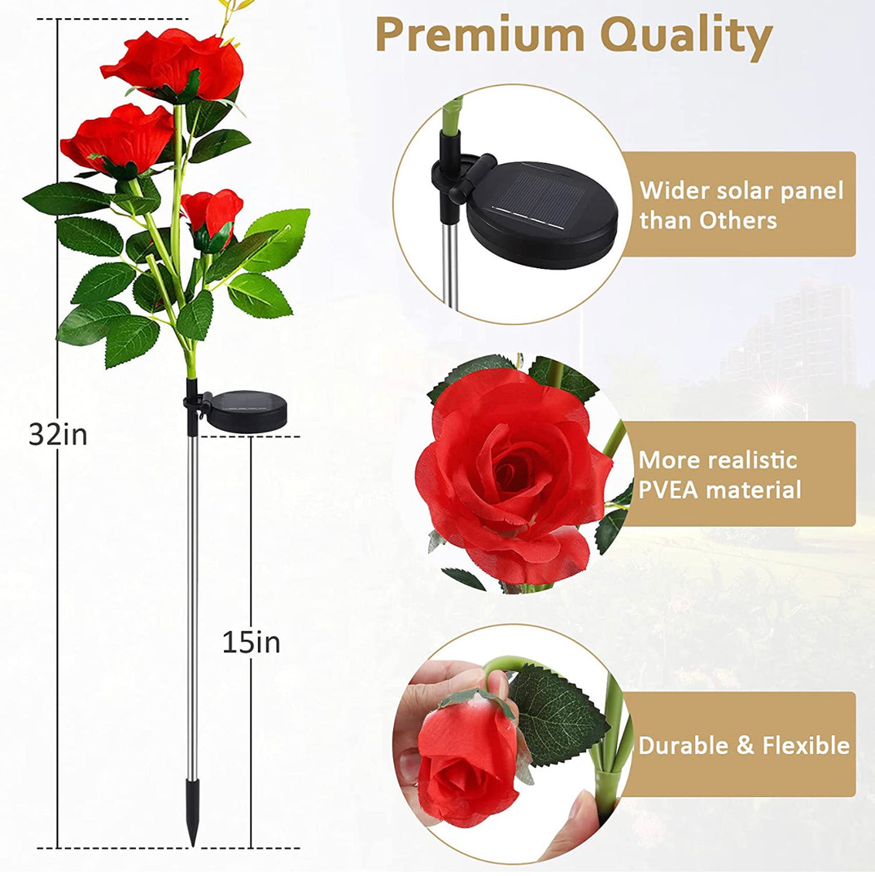 Solar LED Rose Lights Twin Pack - White Nightlight Garden Decor