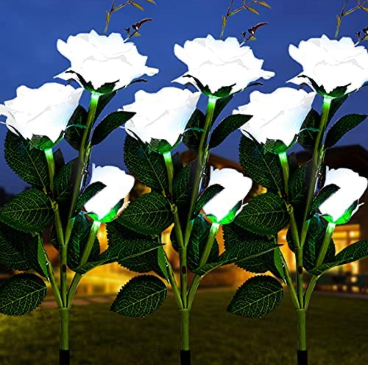 Solar LED Rose Lights Twin Pack - White Nightlight Garden Decor