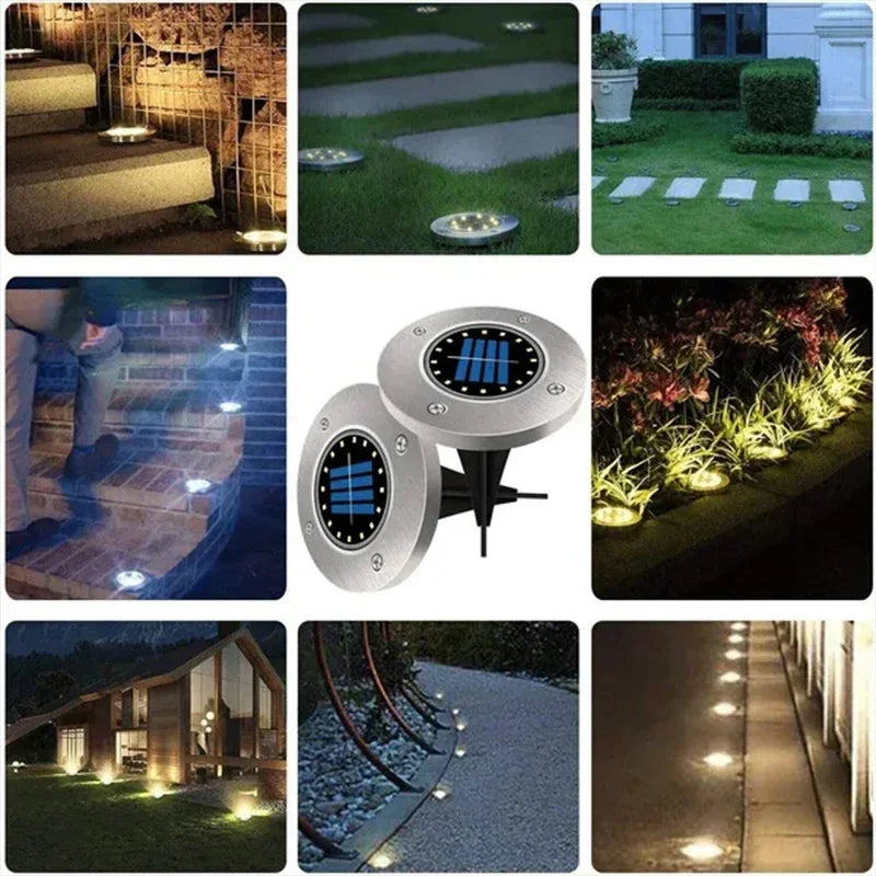 Solar Pathway Disk Lights - Auto-On Dusk to Dawn IP65 Waterproof LED - Long Battery Life