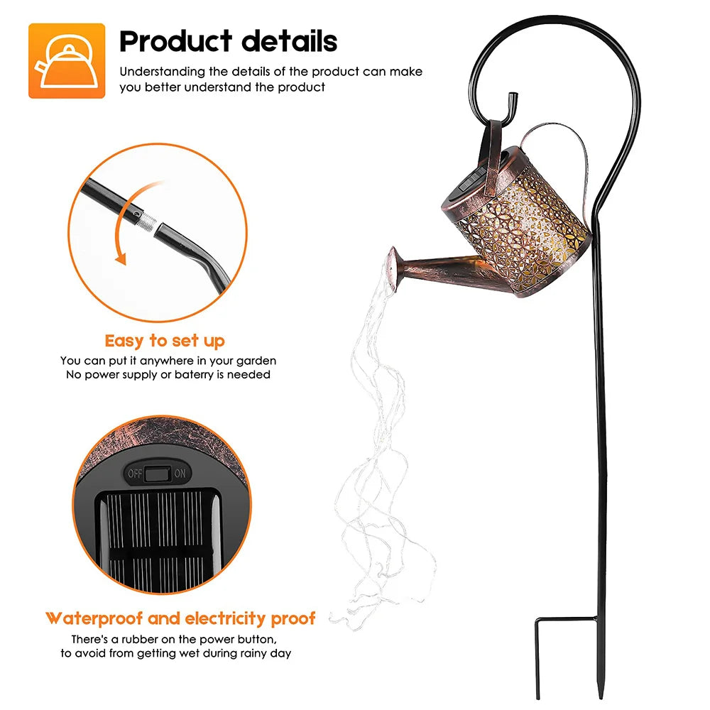 Solar Watering Can Light - RGB/White LED, IP65 Waterproof, Long Battery Life