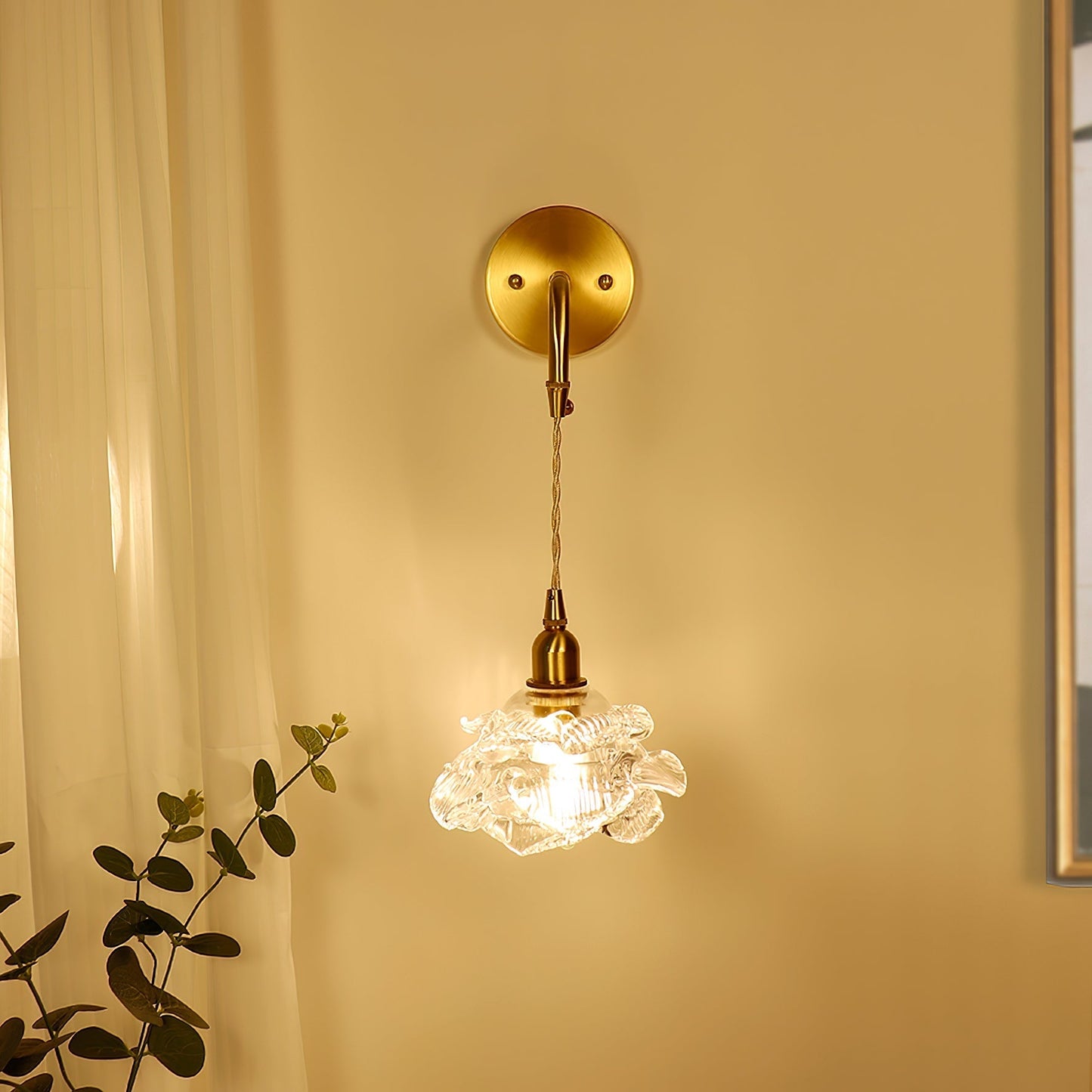 Vintage Brass Wall Light with Rose Glass Shade - Elegant Wall Sconce