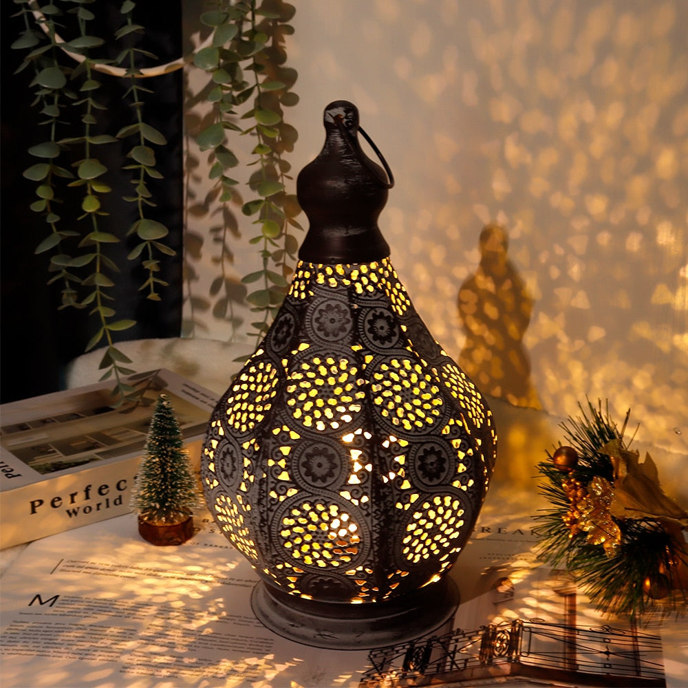 Vintage Moroccan Metal Lantern with Battery Power