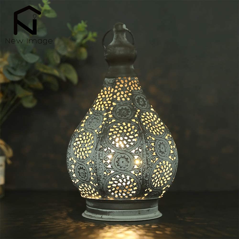 Vintage Moroccan Metal Lantern with Battery Power