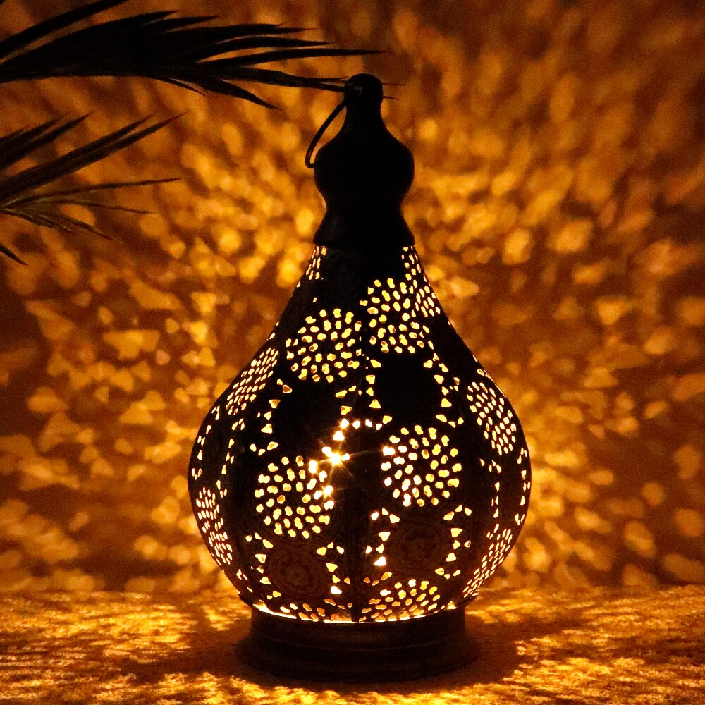 Vintage Moroccan Metal Lantern with Battery Power