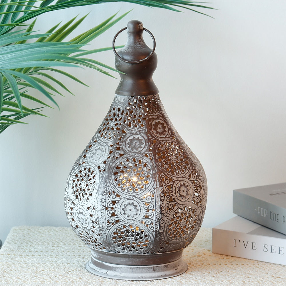 Vintage Moroccan Metal Lantern with Battery Power