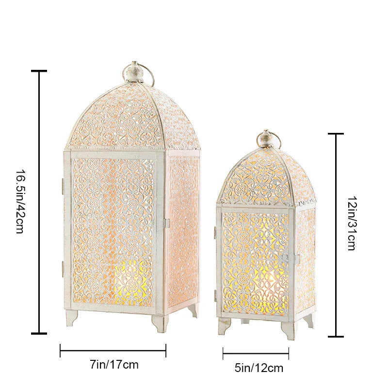 White Gold Metal Candle Lanterns Set of 2 - Indoor Outdoor Decor