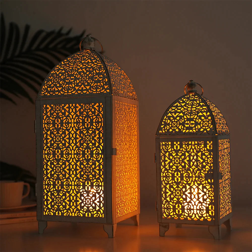 White Gold Metal Candle Lanterns Set of 2 - Indoor Outdoor Decor
