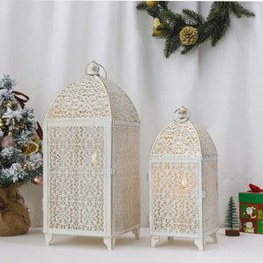 White Gold Metal Candle Lanterns Set of 2 - Indoor Outdoor Decor