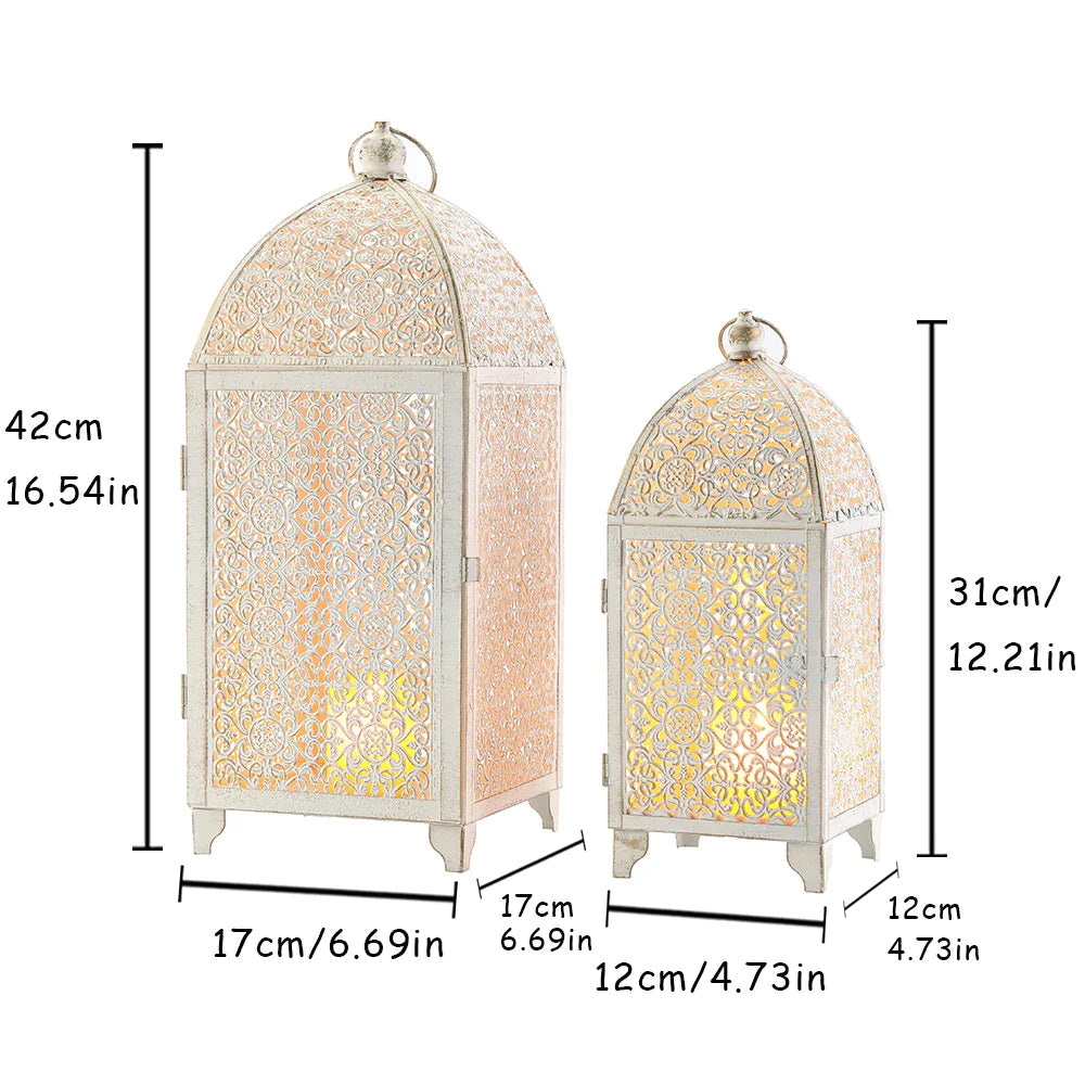 White Gold Metal Candle Lanterns Set of 2 - Indoor Outdoor Decor