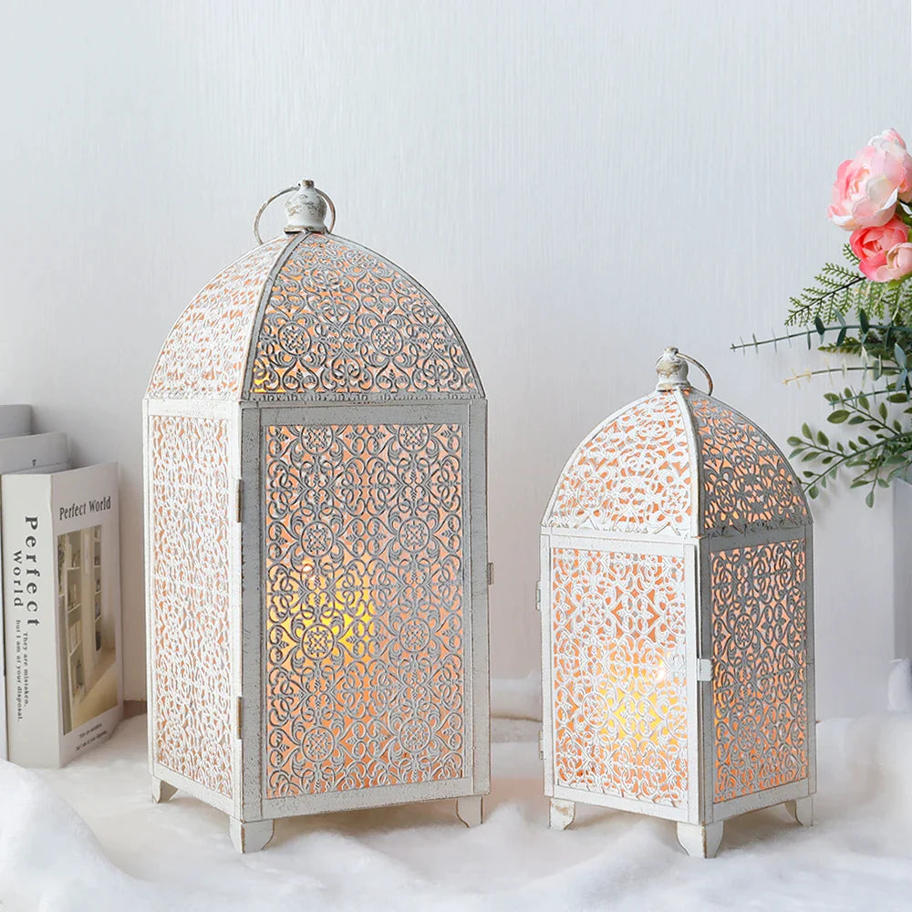 White Gold Metal Candle Lanterns Set of 2 - Indoor Outdoor Decor