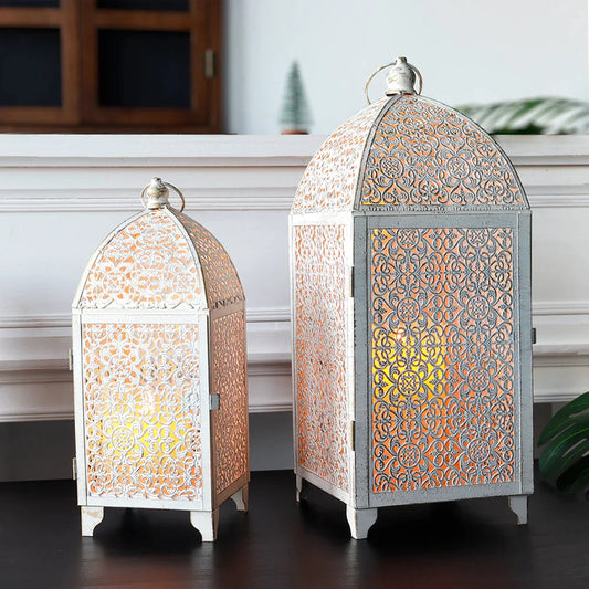 White Gold Metal Candle Lanterns Set of 2 - Indoor Outdoor Decor