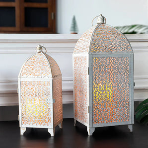 White Gold Metal Candle Lanterns Set of 2 - Indoor Outdoor Decor