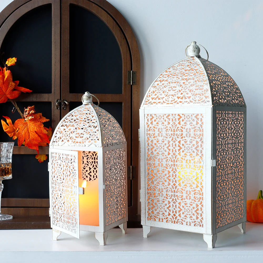White Gold Metal Candle Lanterns Set of 2 - Indoor Outdoor Decor