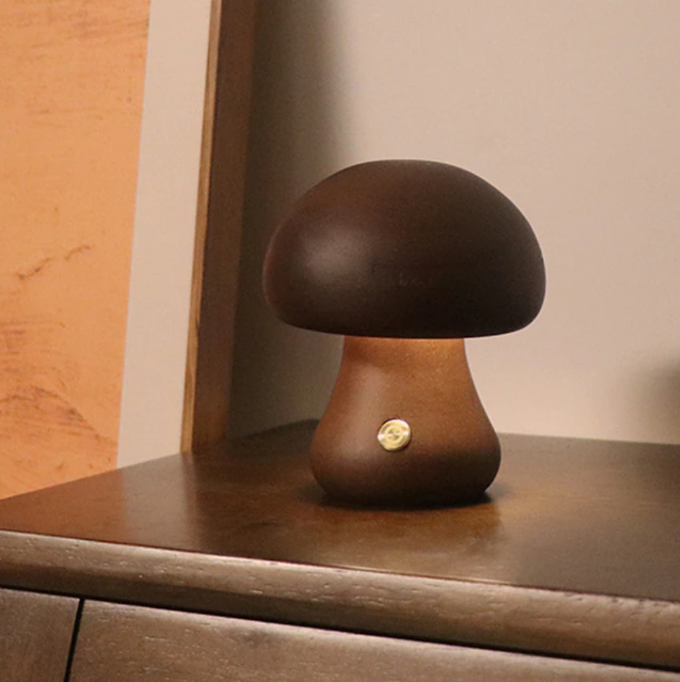 Wood Effect Mushroom Cordless Table Lamp - Long-Lasting and Portable