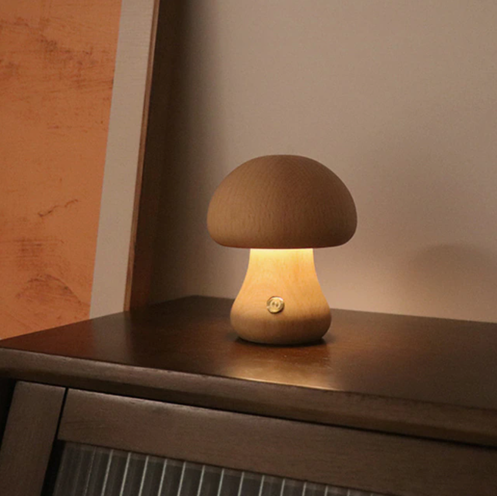 Wood Effect Mushroom Cordless Table Lamp - Long-Lasting and Portable