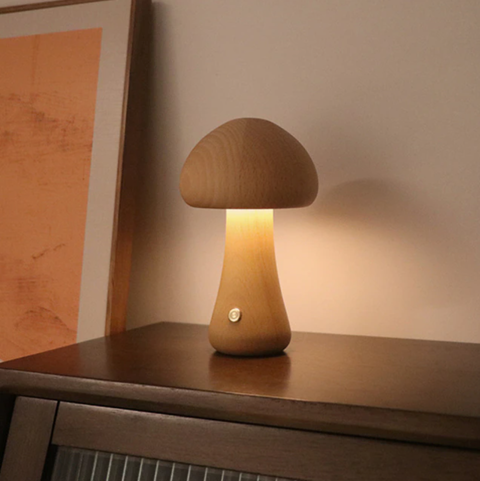 Wood Effect Mushroom Cordless Table Lamp - Long-Lasting and Portable