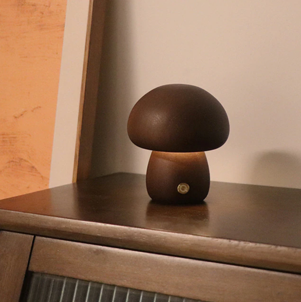 Wood Effect Mushroom Cordless Table Lamp - Long-Lasting and Portable