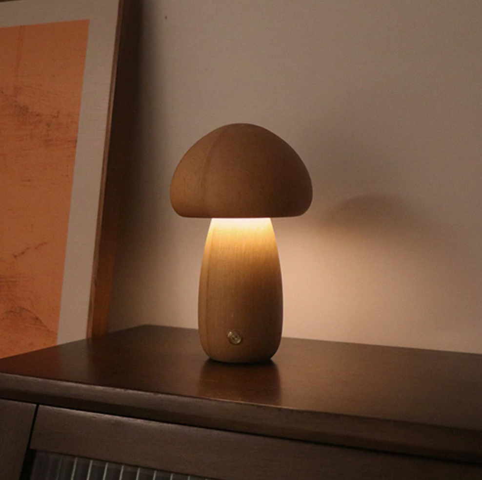 Wood Effect Mushroom Cordless Table Lamp - Long-Lasting and Portable